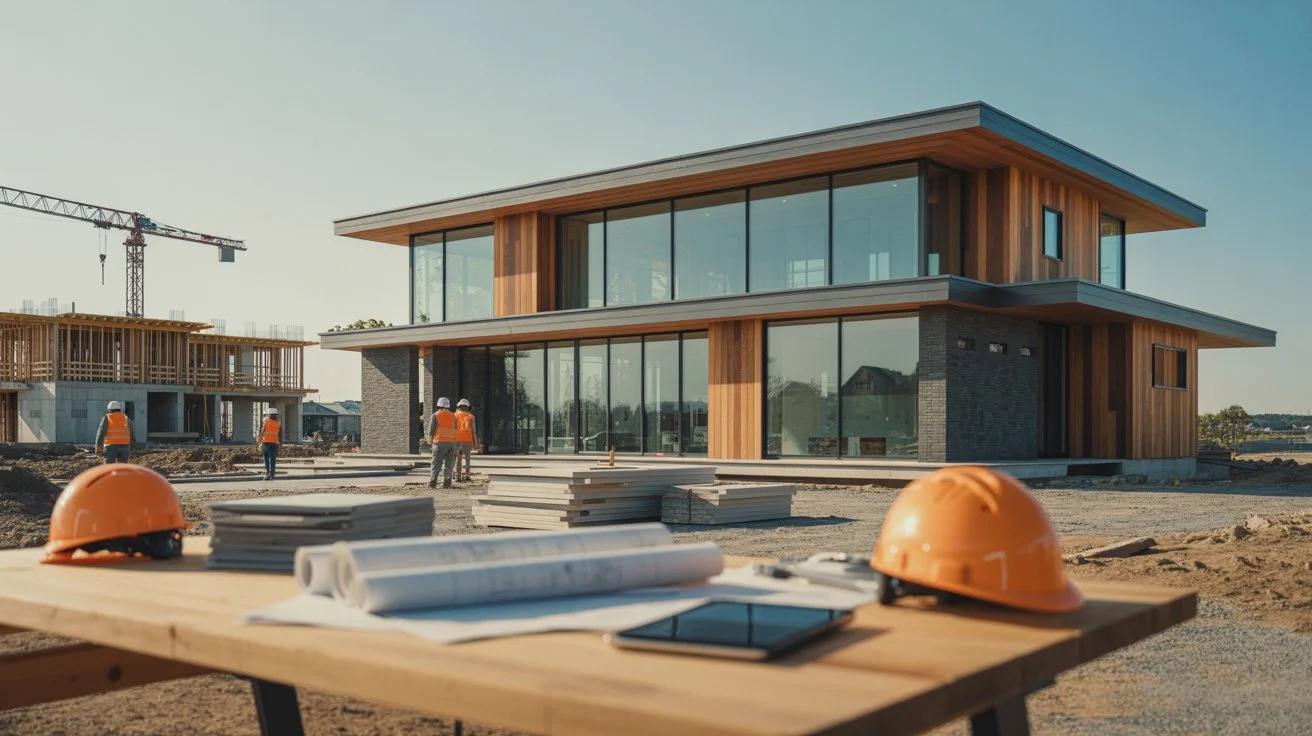 A modern two-story house with large glass windows and wood accents under construction. Workers in hard hats, a crane, and blueprints on a table suggest active building work.